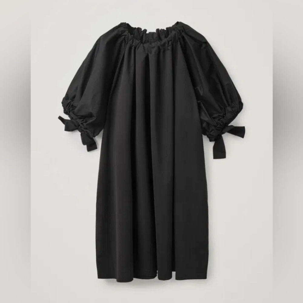 COS Black Cotton Gathered Tie Puff Sleeve Dress M/L